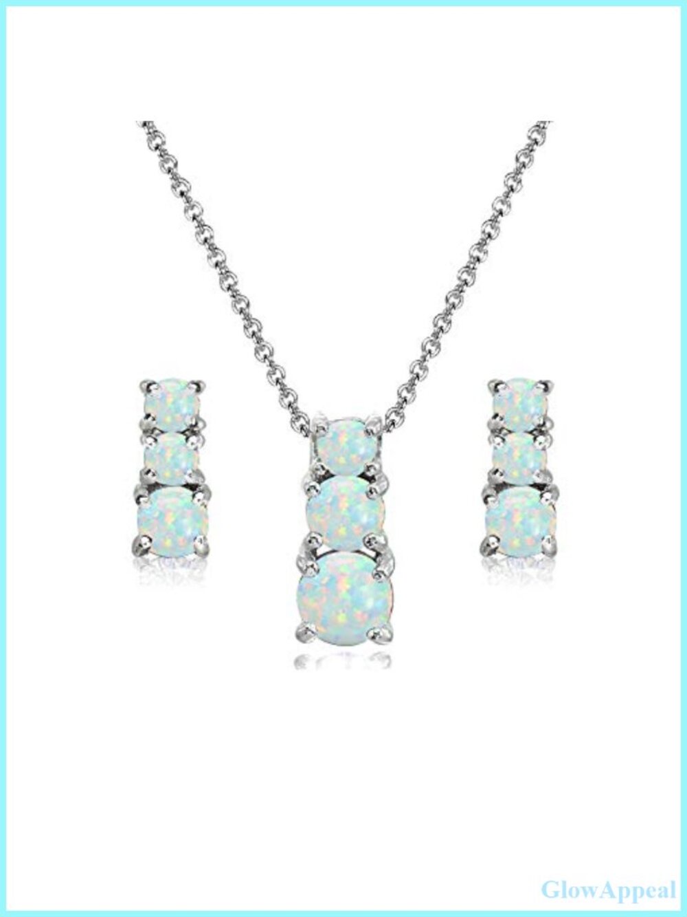Sterling Silver Opal Three Stone Stud Earrings & Necklace Jewelry Set
